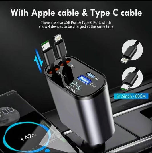 India's Trending (120W) Premium 4-in-1 Retractable Car Charger Adapter(iPhone/Type C Cable- Compatible with iPhone Android)